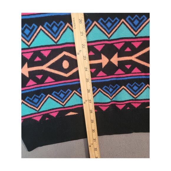 Empyre Mens 80s Retro Black Aztec Print Sweater L Orange Pink Teal Red Holes - Picture 7 of 10